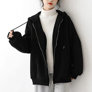 索宛亦（SUOWANYI）衛(wèi)衣拉鏈連帽衛(wèi)衣女春秋款2021新款韓版寬松字母開衫外套女 5814中厚黑色（冬季厚款） M 建議100斤內(nèi)