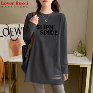 LOVER RUCCI鯊魚褲搭配的上衣純棉體恤女遮臀灰色打底衫長(zhǎng)款長(zhǎng)袖t恤女遮屁股 灰色-兩行字母SLIPN黑春秋款】 XL 120-140斤