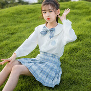 jk裙套裝全套夏季兒童學(xué)院風(fēng)班服夏天半身短裙女童10歲裙子粉色格子裙 淺藍色長(cháng)袖 160cm