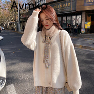 潮牌Avmko毛衣女2021年新款秋冬氣質甜美很仙毛衣外套加厚寬松慵懶風針織開衫 米白色 均碼
