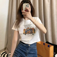 妃麗慕尚（FEILIMUSHANG）純棉正肩洋氣印花短袖t恤女夏季設計感小眾寬松短款小個(gè)子上衣ins 634-174白色 L