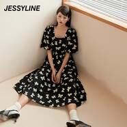 Jessy line杰茜萊黑色中長款收腰方領(lǐng)連衣裙女夏季新款印花裙 商場同款 花色 XS/155