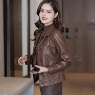 悠曼婭（YOUMANYA）小個子海寧皮衣女士短款外套2024春秋裝新款今年流行夾克上衣 咖色- M 85-105斤