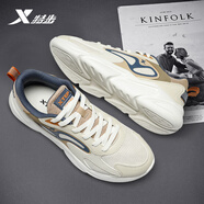 特步（XTEP）男鞋網(wǎng)面透氣運動(dòng)鞋秋冬新款舒適休閑鞋子男士軟底緩震跑步鞋男 0040茶白色/紙棕色/灰黛藍 44