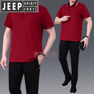 JEEP SPIRIT夏天季中老年男士爸爸裝棉短袖長褲加大碼商務(wù)休閑跑步運動服套裝 8685A酒紅色 L建議100斤120斤【體恤+褲