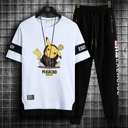 望了型青少年初中生夏季套裝男孩12-15歲短袖t恤大童夏裝13帥氣衣服18高中生大學(xué)生上衣九分褲 皮卡丘短袖白+ABC褲 2XL