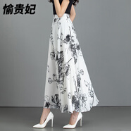愉貴妃2024秋季新款復古水墨印花雪紡半身裙長款高腰A字裙大擺仙女裙子 白底水墨大花 XL