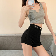吉莞美純欲風(fēng)緊身提臀牛仔短褲女夏設(shè)計(jì)感貼標(biāo)修身高腰短褲性感彈力外穿 墨汁黑色*腰部帶標(biāo)短褲 M【建議95-105斤左右】