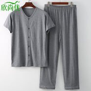 欣尚優(yōu)中老年男士加肥大碼開(kāi)衫系扣短袖長(cháng)睡褲家居服睡衣套裝開(kāi)襟空調衫 深灰色 4XL 175-200斤