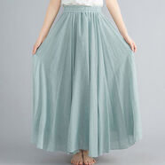淺侈夏季新款復古文藝純色棉麻女裝裙子百搭顯瘦松緊腰雙層大擺半身裙 淺綠色 85cm【建議90-135斤】