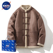 NASALIKE麂皮絨皮毛一體羊羔絨外套男冬中老年男裝爸爸裝唐裝中式夾克棉服 咖啡色 L 120-135斤