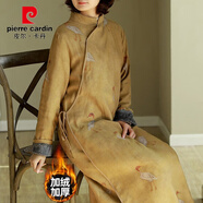 皮爾卡丹加絨連衣裙2024新款復(fù)古文藝中式旗袍裙袍子加絨厚棉麻連衣裙冬女 姜黃色 M【建議90-105斤】