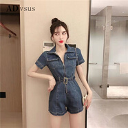 ADVSUS夏季新款時(shí)尚氣質(zhì)緊身翻領(lǐng)風(fēng)拉鏈牛仔連體短褲腰帶休閑褲 深藍色 S 85-95