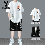 花花公子（PLAYBOY）純棉短袖t恤男青少年夏季套裝男生字母短袖T恤衫半袖新款高中學(xué)生 兩件套【T219白色+大字母短褲】 XL 適合131-150斤