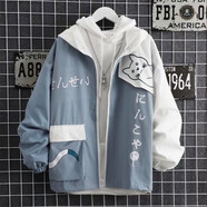 柯菲沃風(fēng)衣男日系潮牌貓咪風(fēng)衣外套男中長(zhǎng)款潮流帥氣學(xué)院風(fēng)寬松痞帥風(fēng)衣 領(lǐng)森-LS02藍(lán)色 M