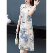 【特價(jià)撿漏】高檔輕奢品牌中年媽1媽夏裝改良旗袍連衣裙氣質(zhì)高貴裙子中年女洋氣過(guò)膝雪紡裙 米色 M