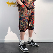 KIN DON男2023夏季新款夏季仿冰絲提花垂感休閑T恤睡衣沙灘褲短褲套裝 K8389紅花 M