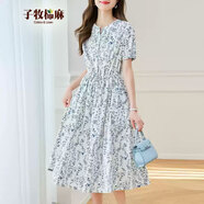子牧棉麻2025春裝 女襯衫連衣裙收腰顯瘦小碎花中長(cháng)款裙子氣質(zhì)A字裙6006 青花瓷 M(建議95-115斤)