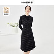 娜爾思（NAERSI）綿羊毛半高領(lǐng)毛針織拼接薄呢連衣裙女秋冬新款 黑色 44/XXL