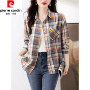 皮爾卡丹（pierre cardin）長(cháng)袖襯衫女春秋季新款外搭復古格子襯衣寬松休閑洋氣全棉上衣 圖片色 M