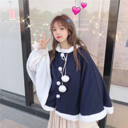 全穎蕾秋冬可愛日系斗篷女連帽加絨毛呢兔耳朵學(xué)生外套軟妹開衫外搭in 藏青色版 L 碼建議100-120斤