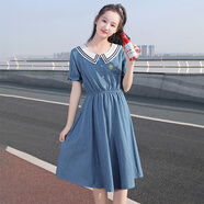 方糖姑娘少女連衣裙中學(xué)生牛仔裙大童夏裝新款初中生裙子高中生學(xué)院風(fēng)女裝 21360SC牛仔藍(lán) S