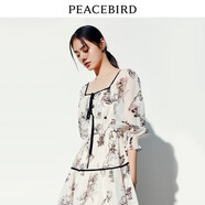太平鳥(niǎo)夏季新款法式撞色系帶連衣裙長(zhǎng)袖印花裙女 黑色紋樣 S