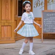 允橘1-13歲小女孩子夏天穿的小孩子女童夏裝jk全套小學生裙子兒童女百 JK短袖套裝綠色 150 建議身高140到150
