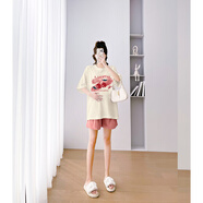 婧麒孕婦裝夏裝上衣短袖棉寬松T恤短褲遮肚子可愛(ài)印花套裝大碼韓版 T恤【櫻桃】奶茶色Jwc63763 XL