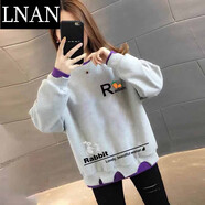 LNAN女裝卡通衛(wèi)衣女2025新款春秋裝韓版百搭寬松薄款假兩件印花上衣 灰色-小白兔黑字 L_建議100-120斤