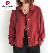 皮爾卡丹（pierre cardin）牛仔衣短款外套女春秋韓版寬松翻領(lǐng)長(zhǎng)袖夾克上衣休閑開衫 紅色 均碼