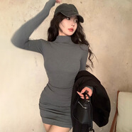 渾小象秋冬季打底長(cháng)袖連衣裙新款純欲性感緊身包臀裙小個(gè)子配大衣內搭 半高領(lǐng)德絨包臀連衣裙 灰色 L 建議100-120斤