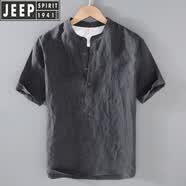 JEEP【高檔輕奢】夏季亞麻短袖恤男青年棉麻恤麻布衣服復古寬松麻料上 GXO280-灰黑色 M
