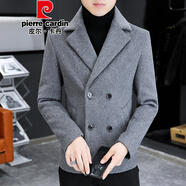 皮爾卡丹秋冬款大翻領(lǐng)短款毛呢大衣男韓版中款呢子外套男士雙排扣妮子針織 灰色 M