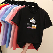 星盛榮純棉短袖t恤女2023年夏裝新款韓版寬松粉色上衣半袖印花打底體恤 黑色*疊疊貓 S【建議80-100斤左右】