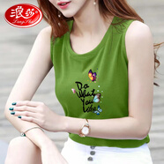 浪莎（LangSha）輕奢高檔品牌純棉吊帶背心女寬松大碼圓領(lǐng)無袖印花T恤女背帶背心 綠色-Da蝴蝶(純棉) 2XL 建議130-145斤