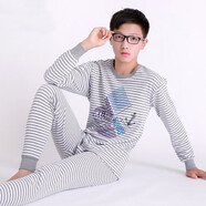 菲德貓高中初中學(xué)生青少年純棉秋衣秋褲套裝男士全棉保暖內(nèi)衣男童中大童 圓領(lǐng)純棉麻灰 幾何圖形 2XL (105) 建議106-120斤
