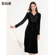 歌莉婭（GOELIA）長袖連衣裙女新款設(shè)計(jì)感氣質(zhì)蝴蝶結(jié)絲絨小黑裙子1B1R4H150 00B黑色 M -