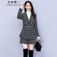 衣典零一 兩件套21年秋裝新款秋冬季女裝時(shí)尚氣質(zhì)休閑女士西服小香風(fēng)格子毛呢小西裝外套女短褲職業(yè)裝套裝 格子 L