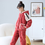 嚕嚕牛女童睡衣兒童珊瑚絨睡衣寶寶小孩子秋冬中小童保暖家居服套裝 61223-紅色 120 (10碼 建議身高115-125)