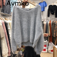 Avmko新款秋冬寬松顯瘦慵懶風(fēng)燈籠袖馬海毛V領(lǐng)毛衣女套頭外穿針織衫 淺灰色 XL