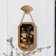 hoogerart 法式復(fù)古植物花卉裝飾畫(huà)美式餐廳臥室懷舊壁畫(huà)珍珠項(xiàng)鏈八角掛畫(huà) B款-金色珊瑚紋八角框+扇子 畫(huà)框尺寸23*35cm 不加玻璃（防水上光處理）