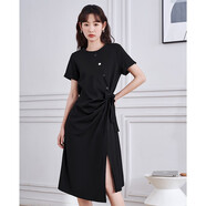 初語(yǔ)設(shè)計(jì)感小眾開(kāi)叉連衣裙女2024夏季新款蝴蝶結(jié)收腰T恤裙中長(zhǎng)裙 午夜黑8429807 XL