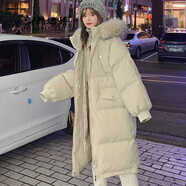 韓璐嬌（hanlujiao）羽絨棉服女中長款2024冬季新款韓版寬松棉衣女加厚面包服棉襖外套 米白色 L【建議130-150斤】