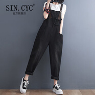 SIN.CYC女裝歐美風(fēng)牛仔背帶褲女寬松春季時(shí)尚韓版高腰顯瘦 黑色 M 90-115斤