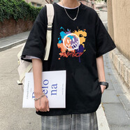 大魚(yú)界線(xiàn) 港風(fēng)t恤男夏季BF原宿風(fēng)情侶裝夏裝短袖T恤男女學(xué)生班服韓版潮流寬松半袖印花中袖上衣服男 黑色涂鴉笑臉 S（80-100斤）