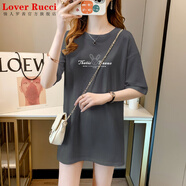LOVER RUCCI歐貨大版遮臀長款白t恤中長款短袖女遮屁股寬松長t配鯊魚褲的上衣 236-142A灰色 L 適合110-125斤
