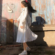 焱思泰日系初戀裙白色連衣裙女學(xué)生春秋超仙裙森系甜美娃娃裙荷葉邊裙子 白色 S
