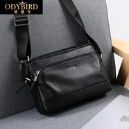 歐迪鳥(niǎo)（ODYBIRD）品牌頭層牛皮單肩包男真皮斜挎包新款軟皮商務(wù)男士背包橫款皮包 黑色-25.5*6*17cm 中包