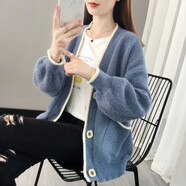 璦優(yōu)霏針織衫女開衫毛衣外套女寬松新款春秋冬韓版時尚洋氣百搭氣質(zhì)外套 大扣雪妮開衫 藍色 XXXL建議135-145斤左右